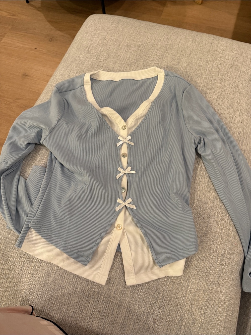Light Blue & Cream Bow-Accent Ribbed Cardigan